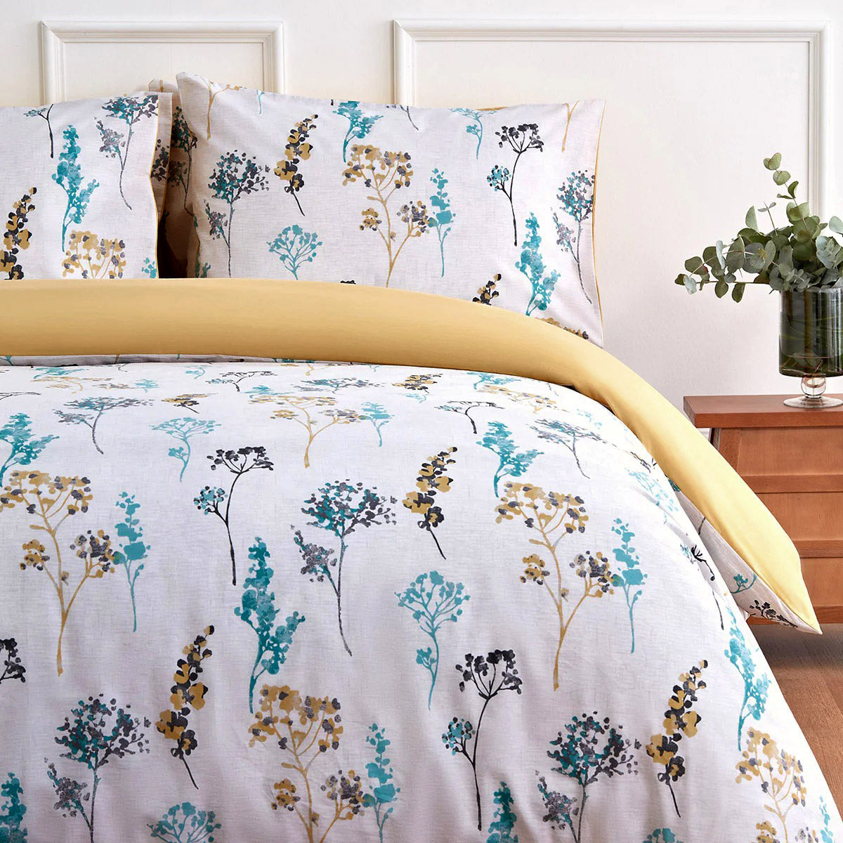 Parure de lit housse de couette en coton fleuri jaune bleu Provance