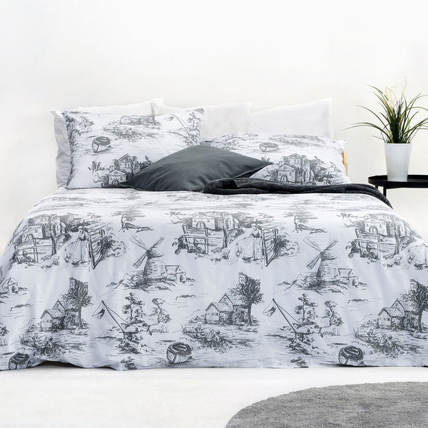 Toile De Jouy Grey Cotton Duvet Cover Bedding Set - Super King Size