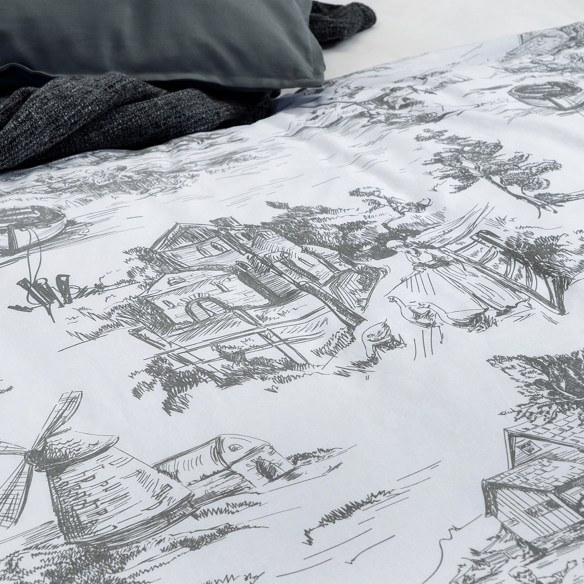 Toile De Jouy Bettwäsche-Set aus grauem Baumwoll-Bettbezug – Super-King-Size-Größe