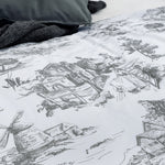 Toile De Jouy Grey Cotton Duvet Cover Bedding Set - Super King Size